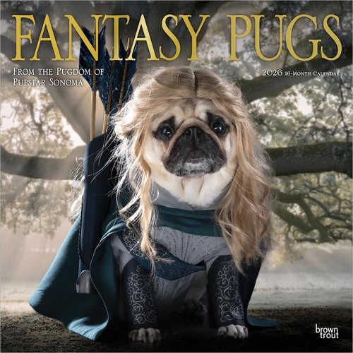 Fantasy Pugs OFFICIAL | 2026 12 x 24 Inch (Hanging) Monthly Square Wall Calendar | Foil Stamped Cover | Plastic-Free | BrownTrout | Funny Animals Dogs by BrownTrout