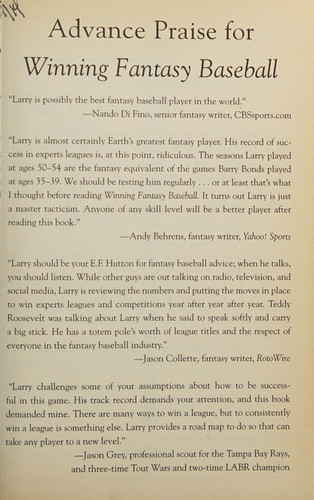 Winning Fantasy Baseball Secret Strategies of a Nine-Time National Champion by Larry Schechter